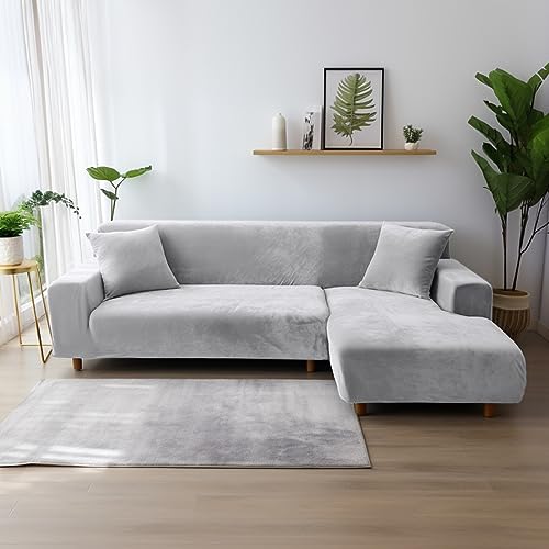 NAKIHOUSE Dicke Samt Sofa Überwürfe Sofabezug mit einem Kissenbezug, Superweicher Elastische Sofa Abdeckung in Silber-Grau Farbe für 1/2/3/4 Sitzer(L-förmiges Ecksofa erfordert Zwei)
