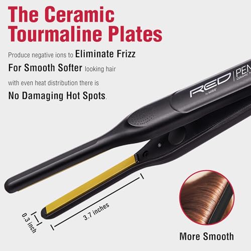 Red by Kiss 0.3 Inch Pencil Flat Iron, 3/10" Ceramic Tourmaline Hair Straightener for Thin, Short Hair & Edge Styling, Fast 60s Heat Up to 450°F, Frizz Control Root Styling Wand, Tangle-Free, Black