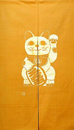 Kyoto Noren Japanese batik door curtain Lucky cat maneki neko 33.5 x 59.0 inch (85 x 150cm) (mustard (Japanese karashi))