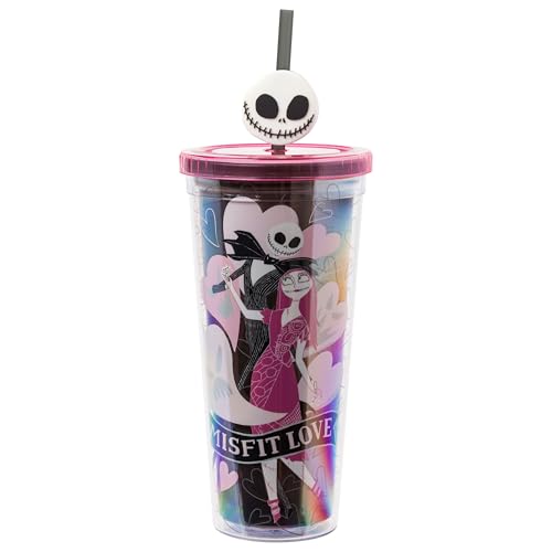 Silver Buffalo Disney The Nightmare Before Christmas Misfit Love Featuring Jack Skellington and Sally Plastic Cold Cup with Lid and Straw Topper, 24 Ounces