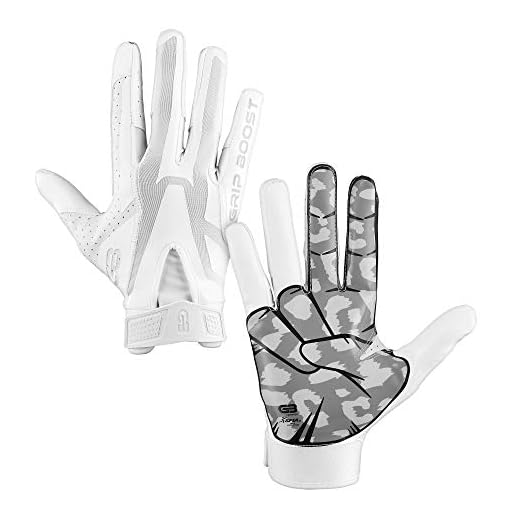 Grip Boost Peace, Shaka, and Hook 'Em Football Gloves Pro Elite - Adult Sizes (White, Adult Medium)