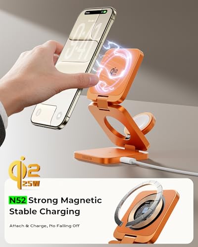 Image of 3 in 1 Charging Station for Apple - Qi2.2 25W Magnetic Wireless Charger for iPhone 17 /16-12, Apple Watch, AirPods, Travel Fast Charging Foldable Stand with 45W GaN Adapter, Aluminum Alloy Design