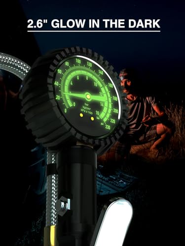 Image of AZUNO Heavy Duty Tire Pressure Gauge, Tire Inflator Gauge 230PSI Air Chuck Air Compressor Attachments, with Steel Braided Hose, Large 2.6 inch Glow Dial & Quick Connect Coupler, for Truck /Car /SUV /RV /Bike