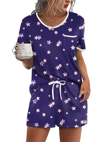 Image of Ekouaer Pajama Set for Women 2 Piece Lounge Set Short Sleeve Tops and Shorts Soft Sleepwear, Chest Pocket