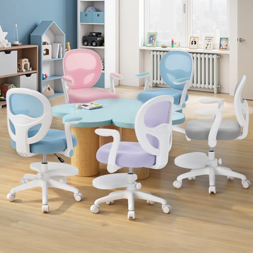 Image of HOFFREE Kids Desk Chair Ergonomic Study Chair with Flipped Armrest and Footrest Adjustable Height Swivel Kids Computer Chair Mesh Desk Chair for Boys Girls Children at Home Bedroom Study Room Purple