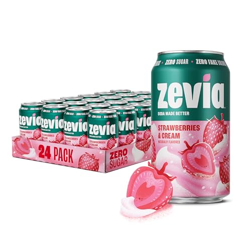 Image of Zevia Zero Sugar Soda, Strawberries and Cream, 12 oz Cans (24-Pack) - Caffeine Free, Naturally Sweetened, No Calorie Soda - Non-GMO Project Verified, Gluten-Free, Vegan