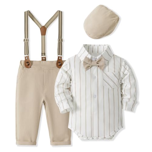 Volunboy Baby Jungen Anzug Set Bekleidung Hemd mit Fliege + Hosenträger Hosen Strampler Anzug(Größe 80,12-18 Monate,Khaki Streifen