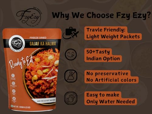 Image of FzyEzy Freeze Dried Gajar Ka Halwa | Ready to Eat Indian Dessert | Traditional Carrot Halwa with Almonds & Pista | Preservative Free | Instant Sweet Dish | 120g