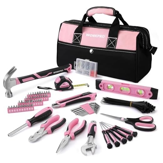 WORKPRO Pink Tool Kit, Lady's Home Repairing Tool Set with Wide Mouth Open Storage Bag - Pink Ribbon
