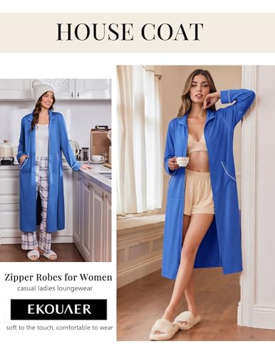 Image of Ekouaer Zipper Robes for Women Long Sleeve Lightweight House Coats with Pockets Zip Up Bathrobe Loungewear S-3XL