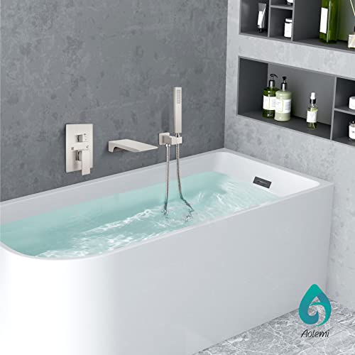 Aolemi Wall Mount Bathtub Faucet Brushed Nickel 3.9" Wide Waterfall Tub Spout With Handheld Shower Solid Brass Single Handle Rough-In Valve Tub Filler #TOP7