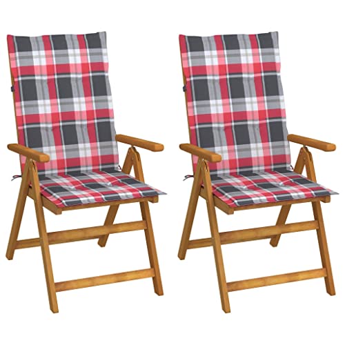 HETFTJN Lot de 2 chaises longues de jardin en bois d'acacia massif avec coussins rouges à carreaux - Chaises de jardin réglables à dossier haut pliables pour terrasse, balcon et extérieur - 57 x 69 x