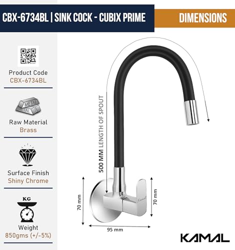 Image of KAMAL Flexible Sink Tap Cubix Prime | with 360 Degree Flexible Silicone spout | Single Flow Bubble Aerator | Black & Chrome Bib Tap Faucet (Wall Mount Installation Type)