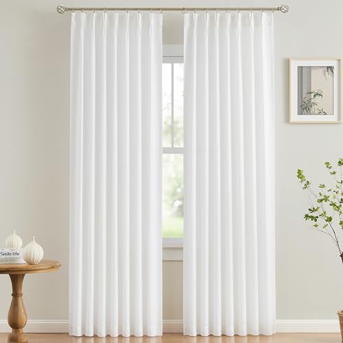 Image of Vision Home White Pinch Pleated Semi Sheer Curtains Textured Light Filtering Window Curtains 102 inch for Living Room Bedroom Rayon Blended Pinch Pleat Drapes with Hooks 2 Panels 40 inch Wx102 L