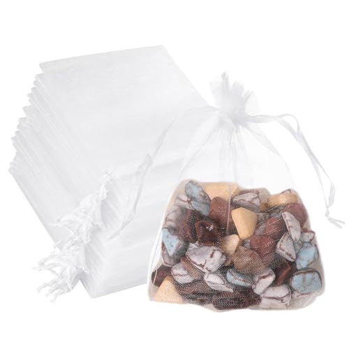Organza Bags 10x15cm, 100 Pcs Drawstring Organza Gift Bags White Wedding Favour Jewellery Storage Pouches Net Mesh Bag for Gifts Sweets Birthday Party