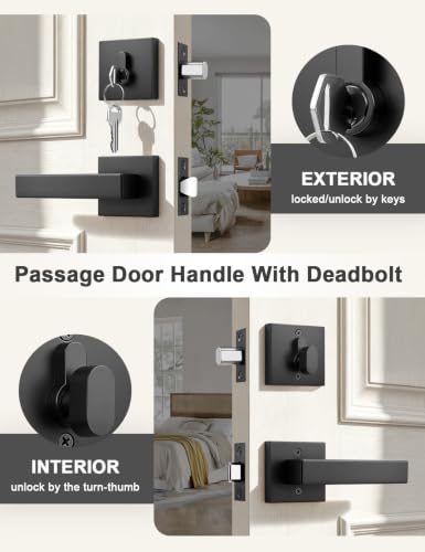 Image of Tinewa 1 Pack Black Passage Door Lever with Single Cylinder Deadbolt, Exterior Square Door Handle with Deadbolt, Modern Door Lock Handleset Keyed Alike