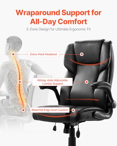 Image of VEVOR Executive Office Chair with Lumbar Support, 300lb Capacity Office Chair with Flip-up Armrests & Lumbar Pillow, Height Adjustable Ergonomic Chair, PU Leather Reclining Home Office Desk Chairs