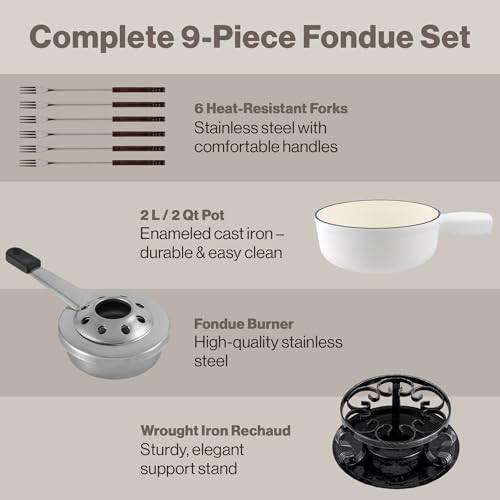 Image of Swissmar Lugano Cast Iron Cheese Fondue Set, 9-Piece, 2 QT / 2 L - Ideal for Melting Cheese, Chocolates, Caramel, & More - Perfect for Kitchen Collection & Gift Giving - Matte White