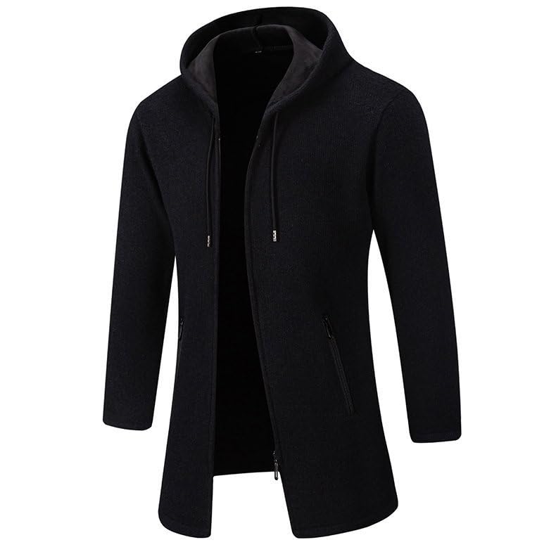 Image of Men's Long Hooded Cardigan Full Zip Winter Coat Thick Fleece Lined with Zipper Pockets