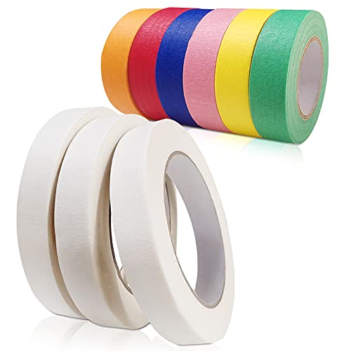 FindTop Lot de 6 rubans adhésifs de masquage colorés et blancs (1,5 cm x 22 m) avec lot de 3 rubans de masquage blancs (1,5 cm x 45 m) pour peinture, étiquetage, emballage, artisanat, art Cover