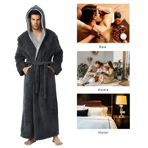 Hellomamma Mens Long Robes With Hood Full Length Hooded Bathrobe Fleece Plush Fluffy Housecoat Nightgown Grey Xx-Large thumb #5
