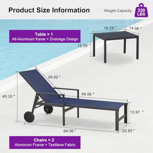 Image of PURPLE LEAF Pool Chaise Lounge, Aluminum 2-Piece Set with Armrests, Navy
