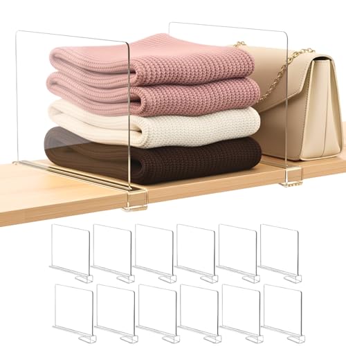 Shelf Dividers Purse Organizer for Closet: 12-Pack Acrylic Bag Storage Organizer for Handbags, Clutches, Clothes, Sweater, Towel on Wood Shelves Standard: 8" Tall x 12" Deep Clear:12-pack