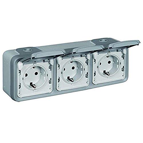 LEGRAND, Plexo Classic Feuchtraum-Aufputz-Schutzkontakt-Steckdose, 3-fach (SL), horizontal, vorverschient, 16 A/250 V, IP44 - IK07, grau, 069743