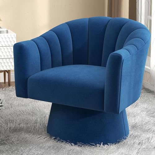 VANTEN Poltrona girevole soggiorno con velluto – Poltrona girevole a 360° con morbida imbottitura, bracciolo rotondo per camera da letto e ufficio, poltrona da lettura con braccioli (blu navy)