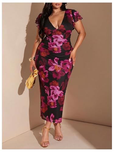 Women's Plus Size Floral Maxi Dress V Neck Ruffle Short Sleeve Bodycon Vacation Mesh Dresses4
