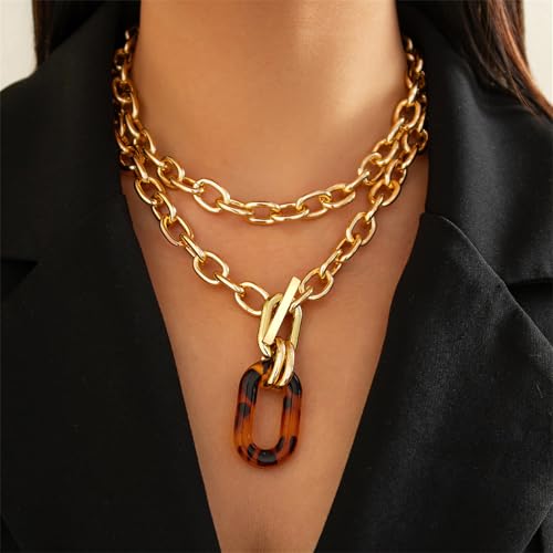 GYRMMUE Chunky Gold Necklaces for Women,Vintage Acrylic Leopard Choker Big Punk Multilayer Choker Paperclip Cuban Link Chain Hip Hop Statement Necklace Outfit Jewelry Accessories3