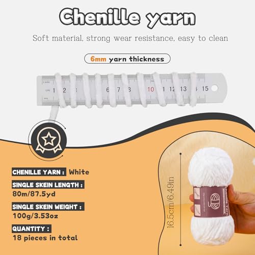 Image of LUNARM Chenille Yarn for Crochet Knitting Chunky Blanket Velvet Yarn | 18 Pack 100g /3.5oz White Thick Soft Chenille Yarn for Beginners Knitting Fluffy Weaving Plush Scarves with Big Eye Needles