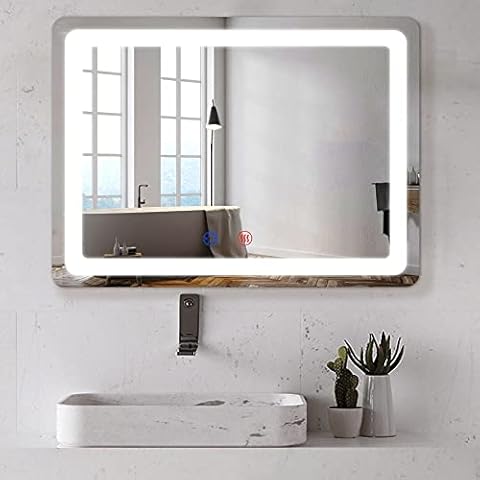 RONVIE Bathroom LED Mirror 700 x 500mm, Anti-Fog Makeup Mirror, 3 Colors Dimmable Frameless Wall Mounted Vanity Mirror, Horizontally/Vertically Hanging Cover