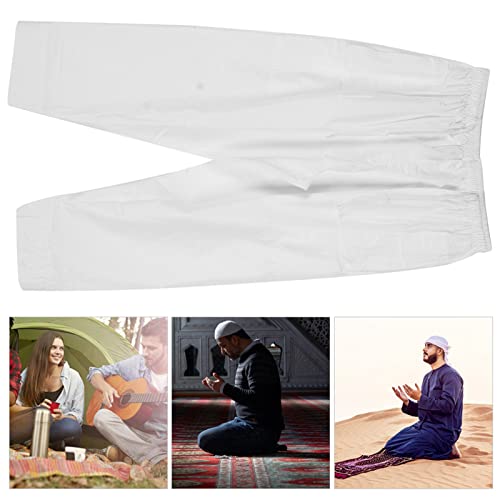 HEEPDD Men Muslim Prayer Pants, Cotton Loose Afghan Trousers with Elastic Waistband, White, XL