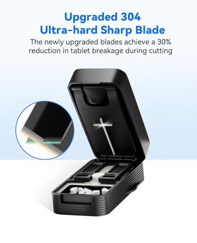 Image of Pill Cutter Splitter for Small and Tiny Pills - Professional 1 /2 1 /4 Pill Splitter with Adjustable Centering Slot, Accurately Cut Multiple Tablets with Safety Blades & Silicone Storage Box (Black)