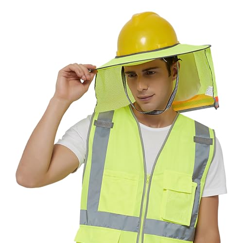 TOPTIE Protector Solar para Sombrero Duro, Cuellos de Malla Transpirable Descubiertos con Visera para Cascos, Alta Visibilidad y Reflectantes para Trabajos en Obra, 1pc, Amarillo