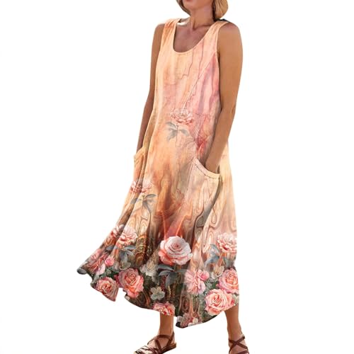 Plus Size Cotton Linen Summer Dresses for Curvy Women 2025 Sleeveless Maxi Vacation Beach Sundresses with Pockets