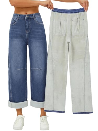 EMMIOL Fleece Lined Jeans Women Baggy Wide Leg Denim Pants Winter Warm Loose Fit Flannel Lining Y2K Boyfriend Womens