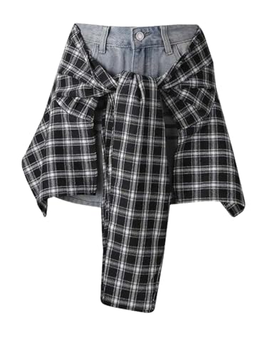 Women's Plaid Patchwork Denim Skirt High Waist A-Line Casual Street Mini Skirts