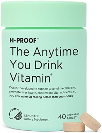 H-PROOF The Anytime You Drink Vitamin for Alcohol Metabolism, Liver Health & Immunity Support with Electrolytes, Antioxidants, Milk Thistle, Vitamins, 40 Chewable Tablets (20 Servings), Lemonade