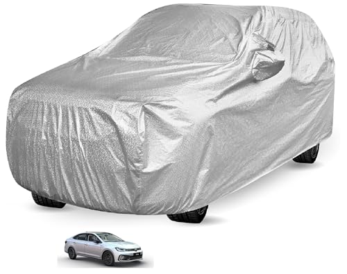 Image of Auto Hub Waterproof Car Cover Compatible with Virtus with Mirror Pockets, Soft Cotton Lining, Virtus Car Cover Waterproof, Metallic Silver
