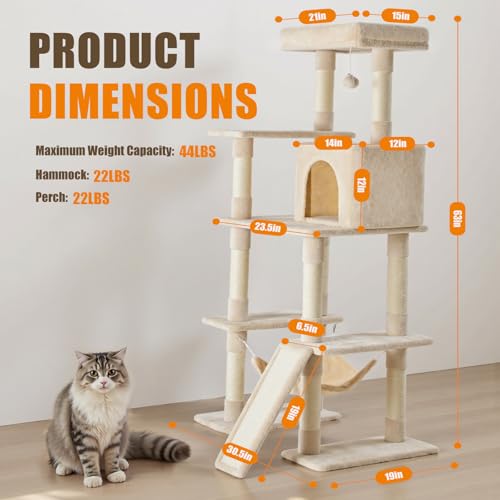 Image of Sweetcrispy 63 inch Cat Tree Tower, Large Multi Level Cat Climbing Tower with Condo, Natural Sisal Scratching Posts, Extended Platform, Hammock, Pet House for Indoor Cats and Kittens Play, Beige