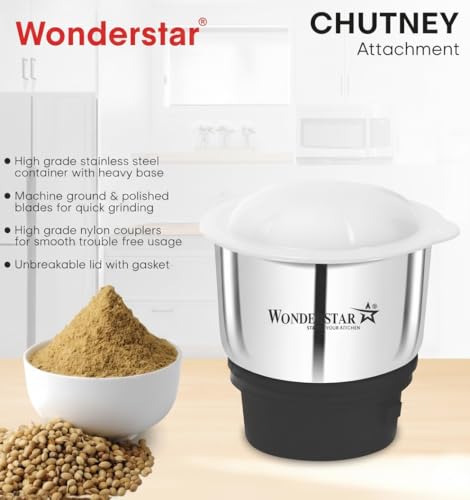 Image of Wonder Star Universal Stainless Steel Chutney Jar (400ml) with Sharp Blade for Mixer Grinder | Compatible with 4-Teeth Coupler & Dual Locking System | Rust-Proof Mixie Attachment