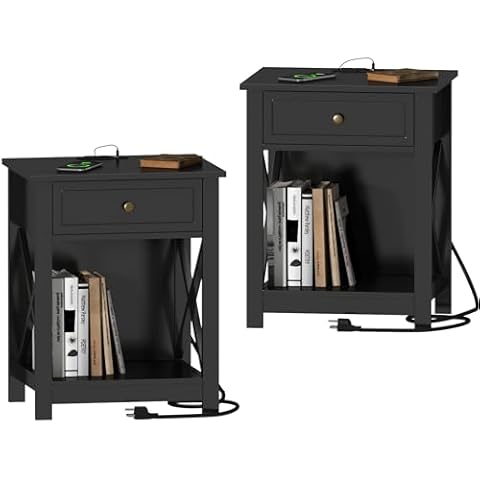 Treocho Black End Table Set of 2,Nightstand with Charging Station, X-Design Side Table with 2 AC and USB Power Outlets, Small Night Stand with Storage Drawer and Open Shelf for Living Room Cover