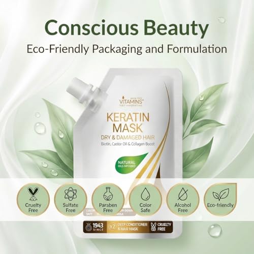 VITAMINS hair cosmetics Keratin Hair Mask - Protein Repair Keratin Treatment - Deep Conditioner for Dry, Damaged, Curly, Straight & Frizzy Hair with Biotin, Collagen & Castor Oil - 3.4 Fl Oz
