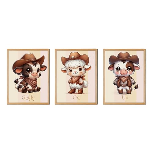 Image of Generic Cute Farm Animals Fine Art Prints, Made in the USA, Set of 3, 8 x 12 inches, Giddy On Up, Children's Wall Decor, Nursery Decor, Wall Art, Pastel, Cute Farm Animals, Baby Sheep, Baby Cow