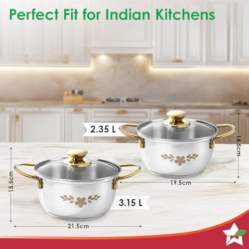 Image of Wonderchef Gold Stanton 2 Pc Casserole Set with Glass Lids, 20 cm /22 cm, Chemical-Free Food-Grade Stainless-Steel, Gold Finish, Use for Cooking & Serving, Stackable, Gift for Occasions, 1-Yr Warranty