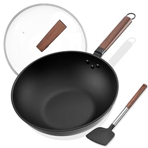 Carbon Steel Wok – Including Glass Cover and Silicone Spatula, 13-Inch Woks & Stir-Fry Pans for Induction, Electric, Gas Stoves