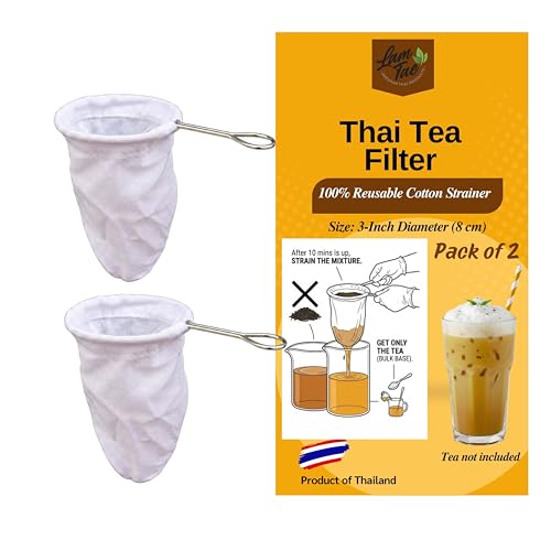 Lam Tae Authentic Thai Tea Filter Sock, Pack of 2-3-Inch Reusable Cloth Tea Strainer with Stainless Steel Handle, Traditional Muslin Cotton Infuser for Thai Iced Tea, Coffee & Loose Leaf Spices