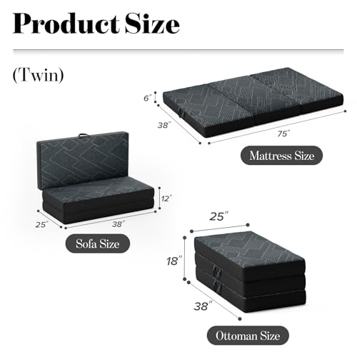 Image of Tri Folding Mattress Twin Size - Foldable Mattress Trifold Memory Foam Mat with Washable Cover, Handle & Non-Slip Bottom, Portable Foldable Floor Sofa Bed for Travel Camping Guest - 6 Inch, 75 inchx38 inchx6 inch